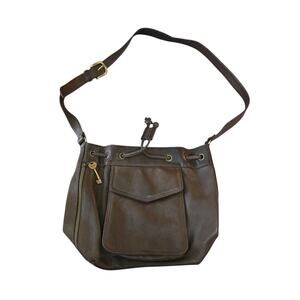VTG Fossil Drawstring Bucket Shoulder Bag Brown Pebbled Genuine Leather Pockets